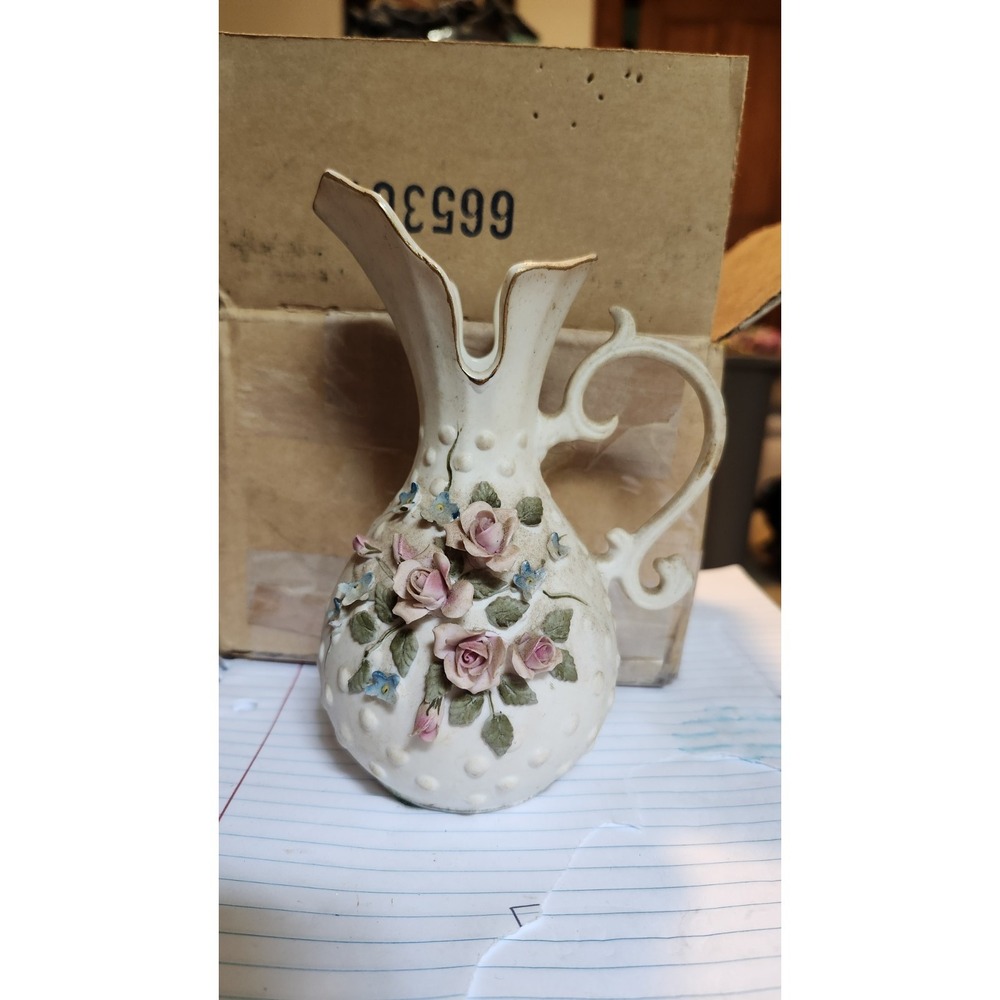 Vintage Lefton China #839 Floral Ewer Pitcher Vase Hand Painted Roses Japan